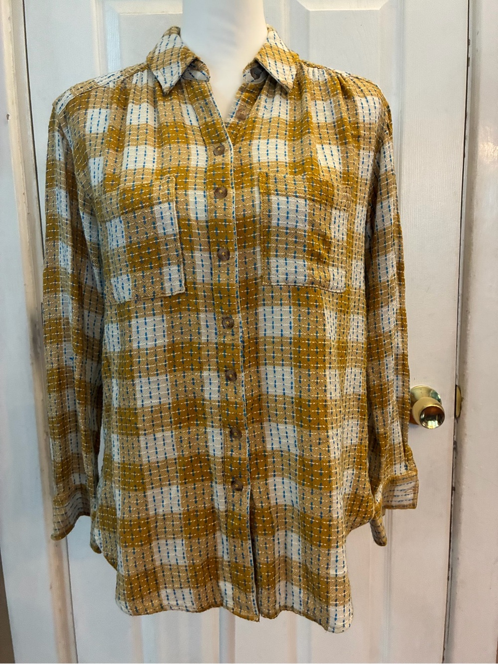 Anthropologie Pilcro Yellow Plaid Button Down Shirt Blue Stitch Wool Blend XS